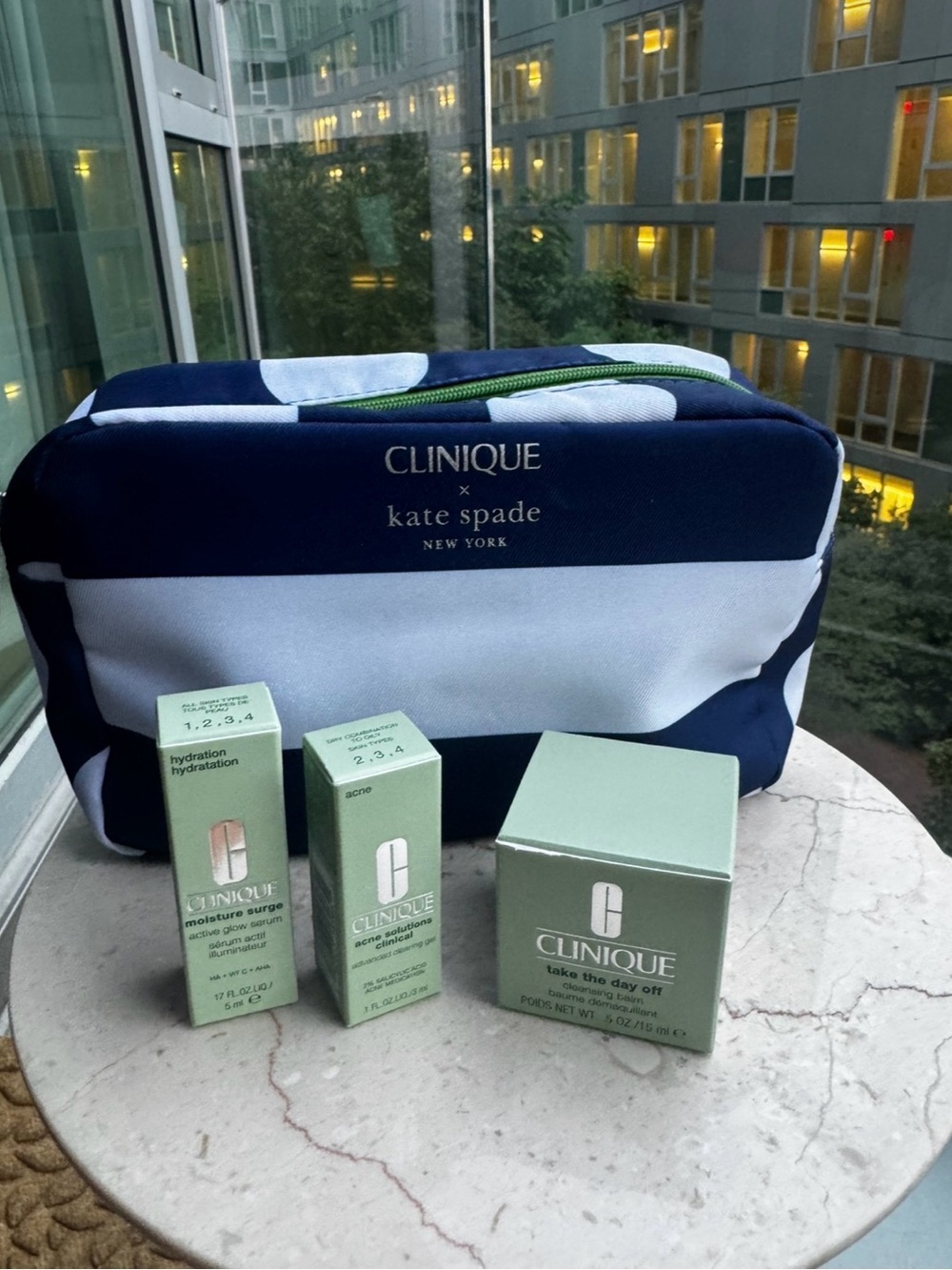 Clinique Set with Navy & White Kate Spade Cosmetic Bag and Light Green Boxes